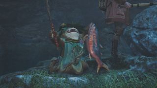 Monster Hunter Wilds Gravid Bowfin - A Wudwud holding a fish