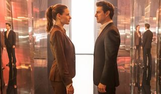 Mission: Impossible - Fallout Rebecca Ferguson and Tom Cruise facing off in a mirrored hallway