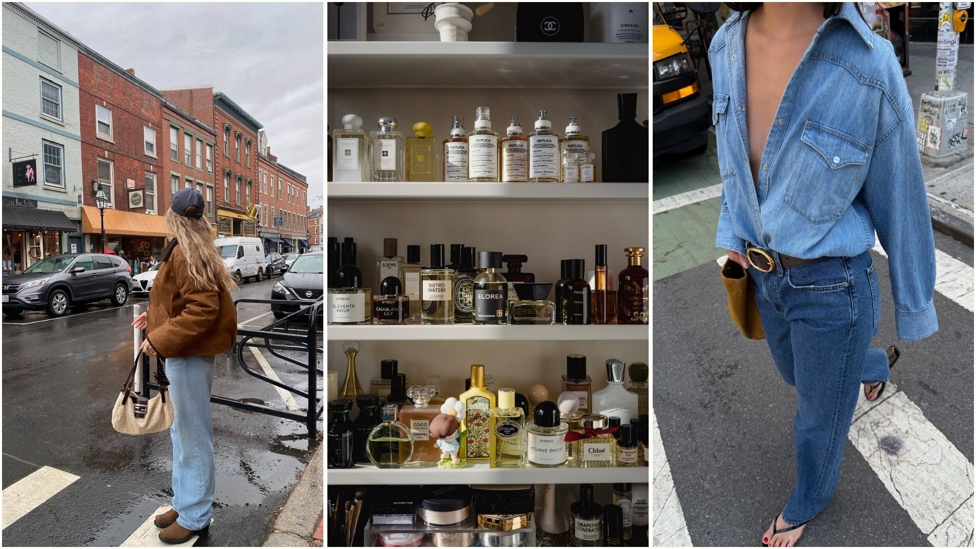 A collage of autumnal outfits and a shelf with lots of luxury perfumes