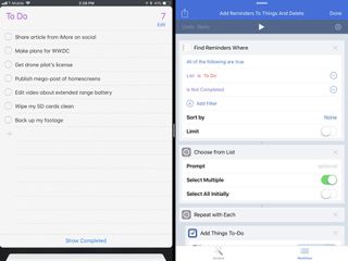 iPad screenshot showing To-Do reminders list on left and Workflow on right in Split View