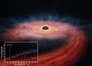 An illustration of a black hole surrounded by a yellow and pink ring of gas from a dead star