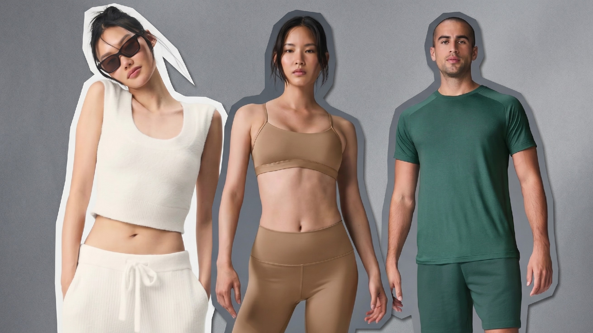 Three models wearing Alo Yoga apparel