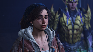 Alma, the handler from Monster Hunter Wilds, closes her eyes and looks a little disappointed.