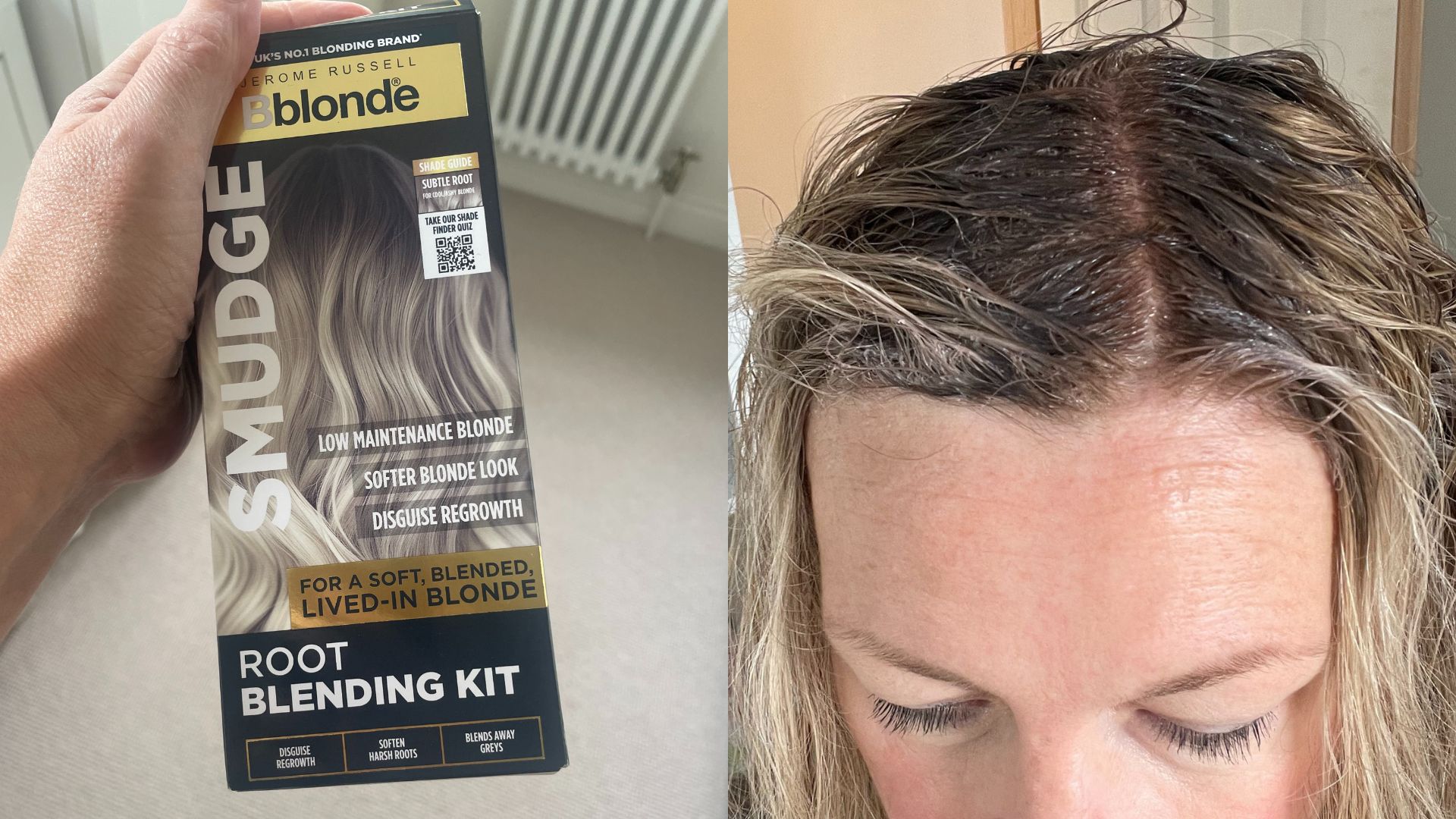 An image of two boxes of Jerome Russell root smudge kit being held above a beige carpet, next to Sarah Cooper White's hairline with the roots dampened in root smudge toner