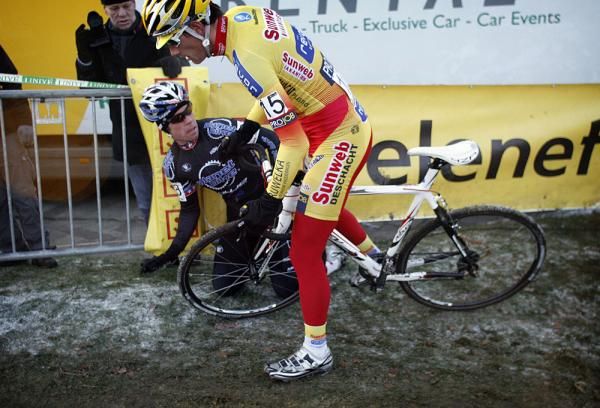 Jonathan Page (Planet Bike) picks himself up from a crash in Gieten.