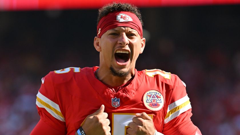  Patrick Mahomes #15 of the Kansas City Chiefs reacts prior to a game against the Baltimore Ravens at Arrowhead Stadium on September 28, 2025 in Kansas City, Missouri. 