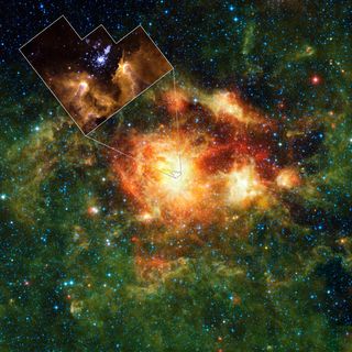 This infrared image shows a star-forming cloud teeming with gas, dust and massive newborn stars. The inset shows detail of the very center of the cloud, a cluster of stars called NGC 3603 (taken in visible light by the Hubble Space Telescope).
