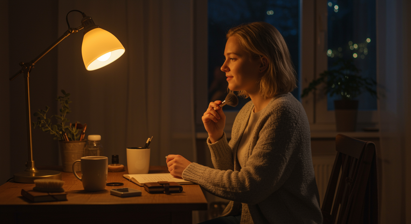 I tried making an ASMR AI video; a woman sits at a table with soft lighting