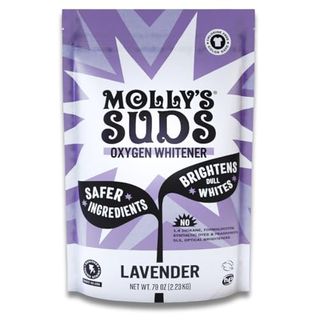 A purple, white and black bag of Molly's Suds Oxygen Whitener