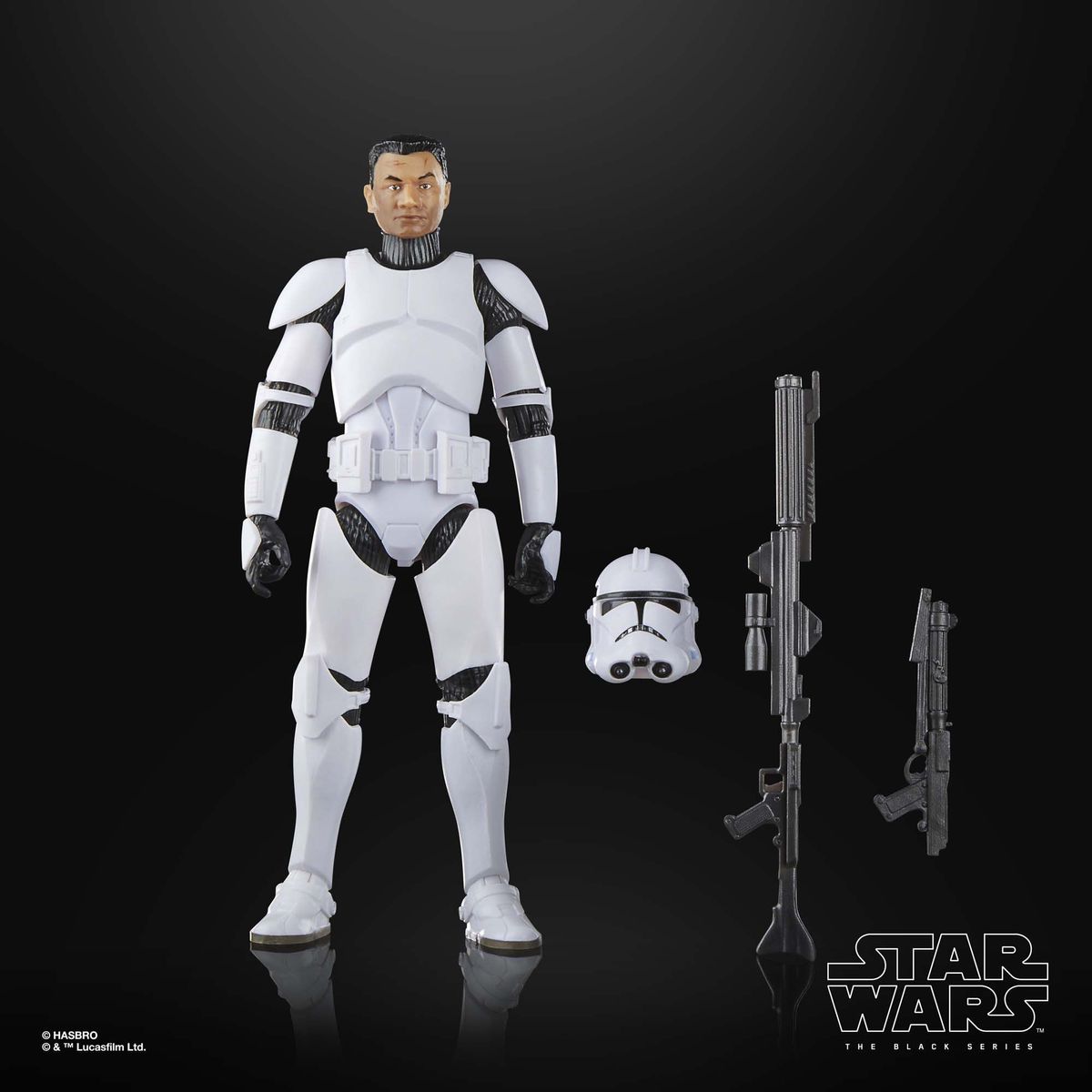 Phase II Clone Trooper action figure posed against a black background