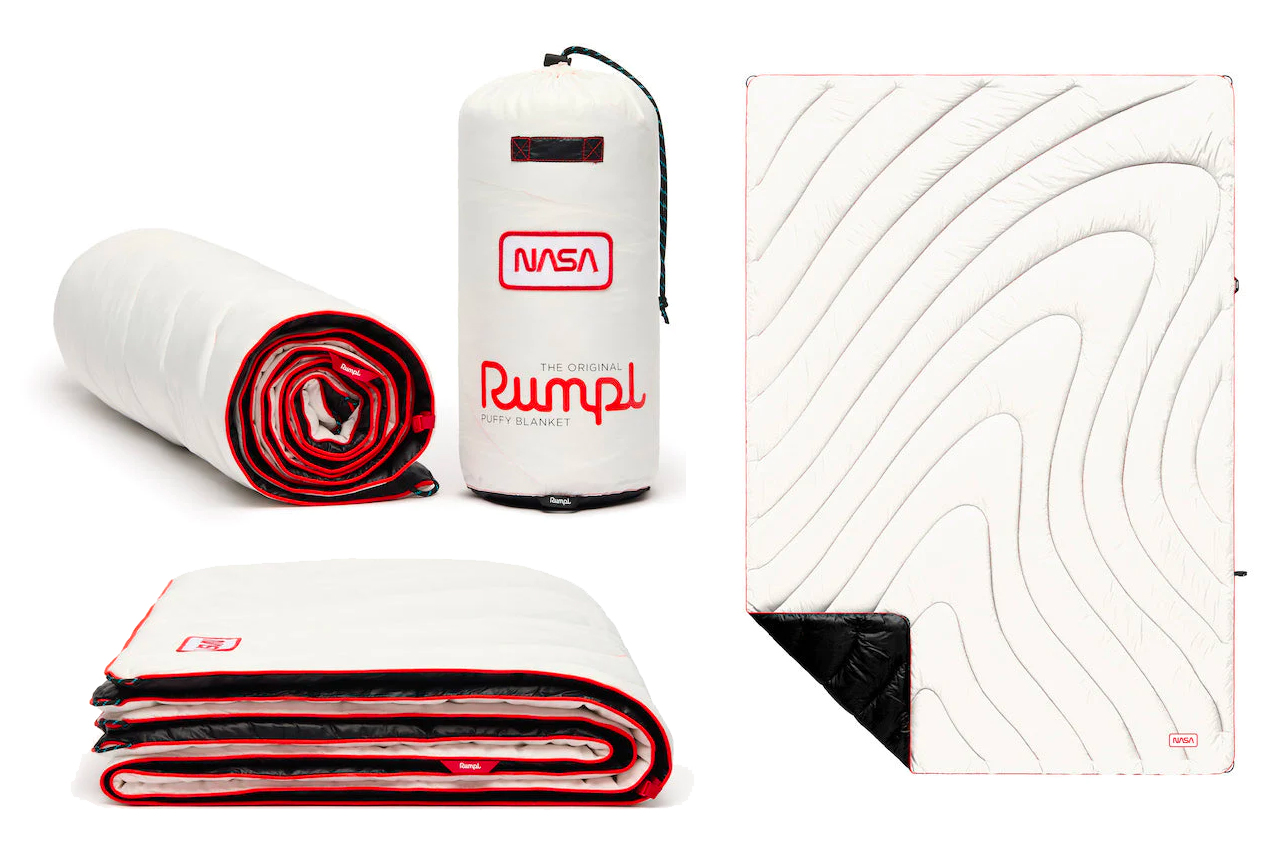 Rumpl's NASA White & Red original puffy blanket, part of the company's limited edition Artemis collection, utilizes the iconic NASA "worm."