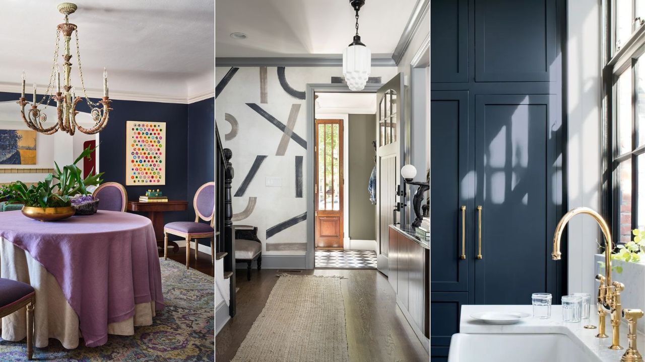 dining room with navy blue wall, entryway with patterned paintwork, navy blue kitchen cabinets by sink