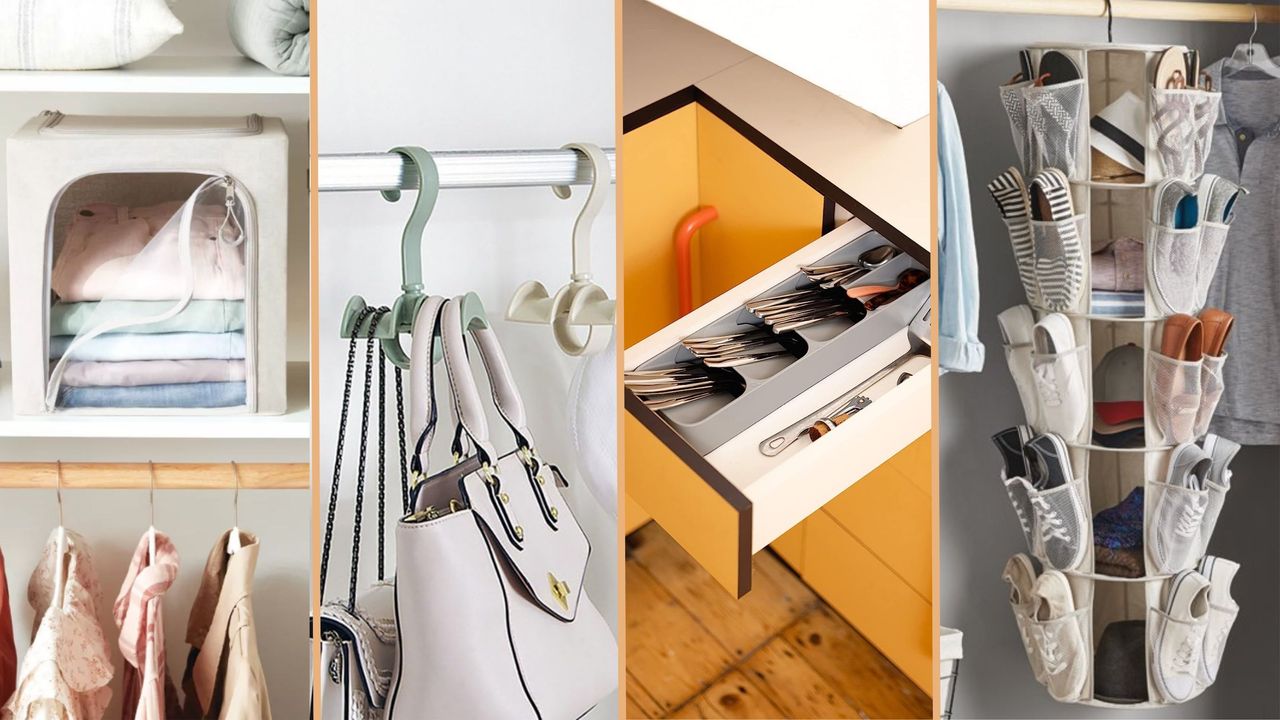 Linen storage bag in closet half open, colorful hangers holding handbags, grey cutlery drawer organizer in yellow kitchen, and a hanging organizer holding hats and shoes in a closet