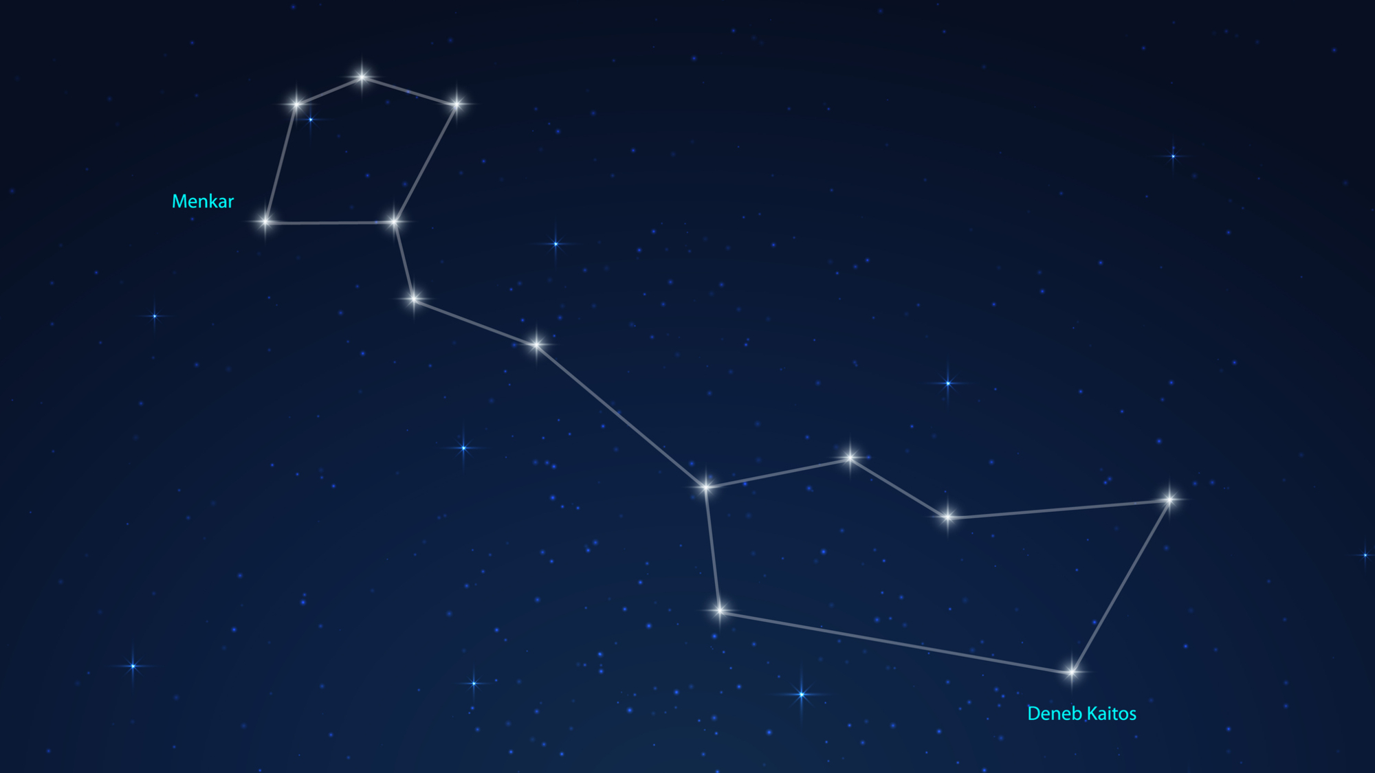 As estrelas da constelação de Cetus são mostradas brilhando em um céu noturno simulado, unidas por linhas de canela que revelam o contorno clássico da constelação.
