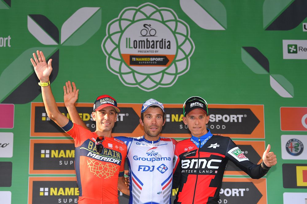 Vincenzo Nibali, Thibaut Pinot and Dylan Teuns on the 2018 Il Lombardia podium