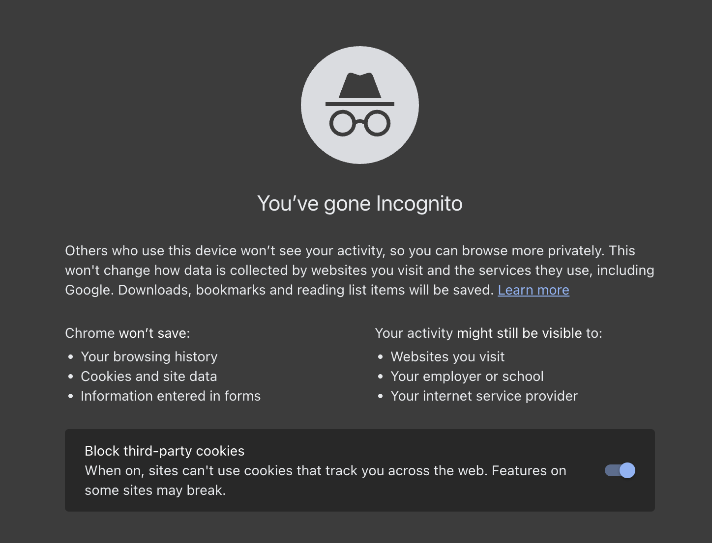 Google Chrome Incognito Mode splash page