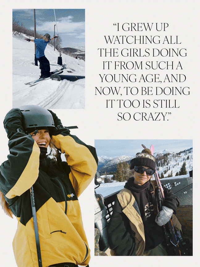 A collage featuring photos and videos of Rell Harwood, freestyle skier on the U.S. Ski &amp;amp; Snowboard team who is competing in the 2026 Winter Olympics. Quote reads: "I grew up watching all the girls doing it from such a young age, and now, to be doing it too is still so crazy."