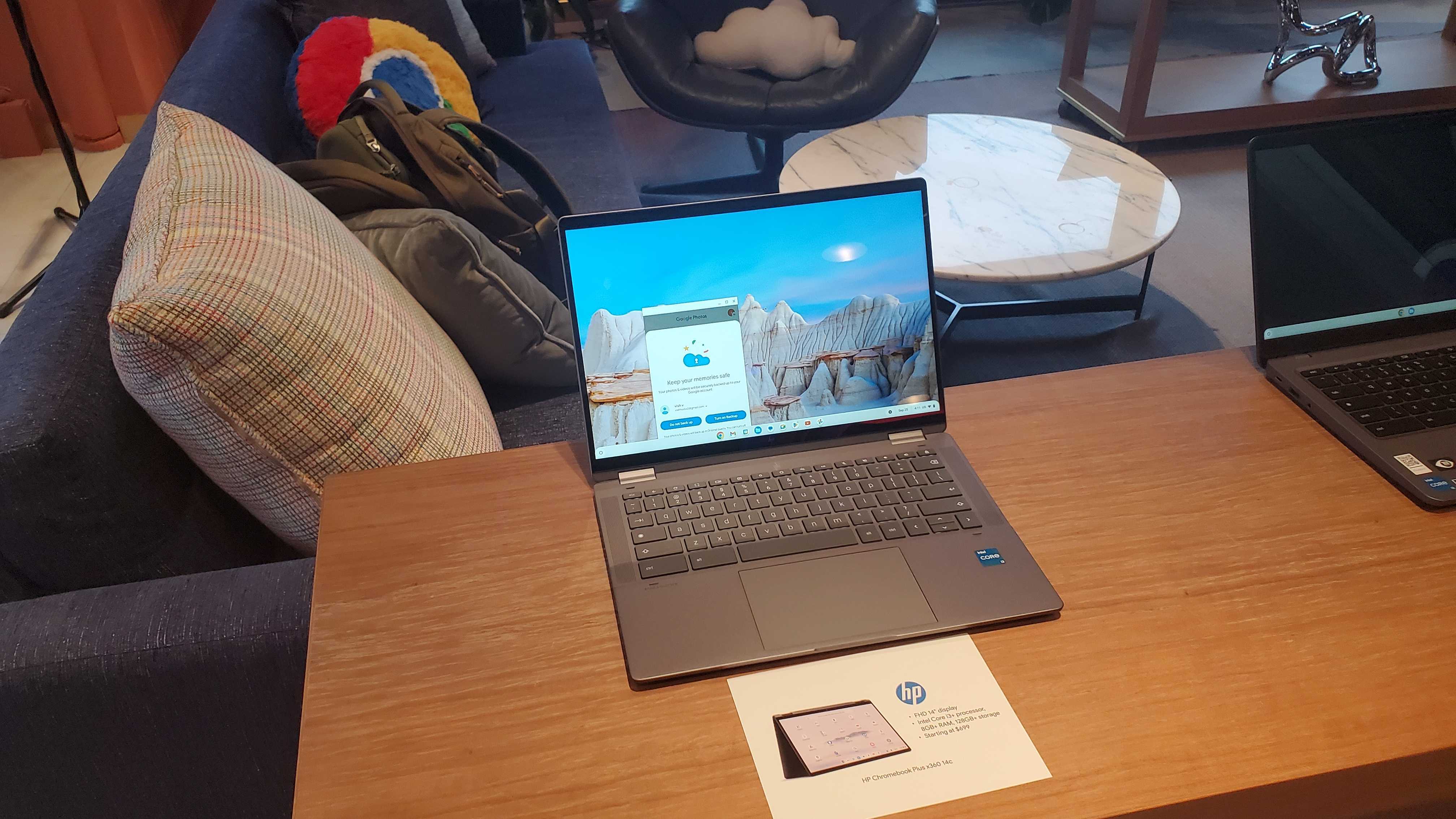 Chromebook Plus laptop on wooden table