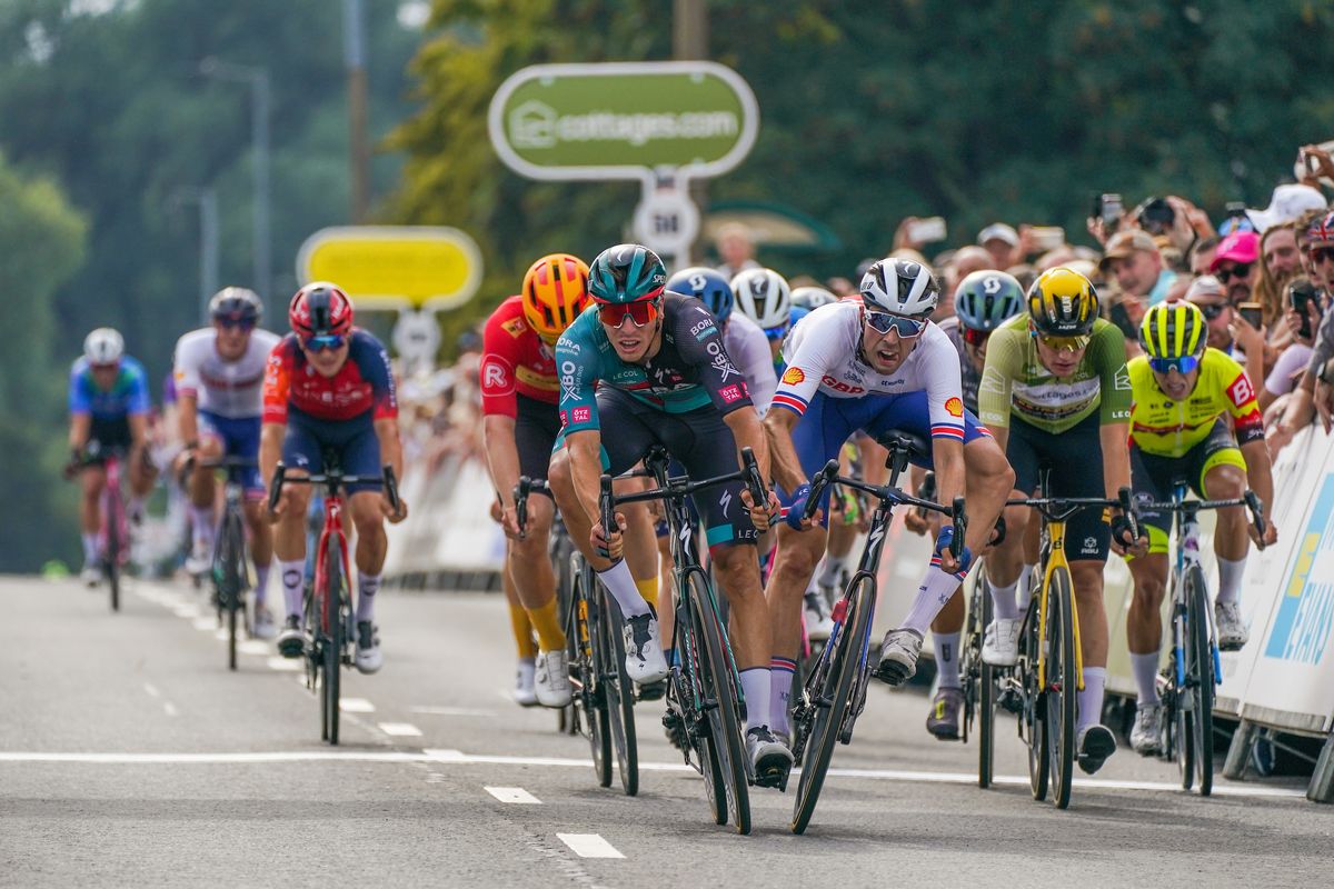 Picture by Zac Williams/SWpix.com - 08/09/2023 - Cycling - 2023 Tour of Britain - Stage 6: Southend-on-Sea to Harlow (146.2km) - Danny Van Poppel of Team Bora Hansgrohe Wins Stage 6 of the 2023 Tour of Britain in Harlow with Ethan Vernon of Team Great Britain in second
