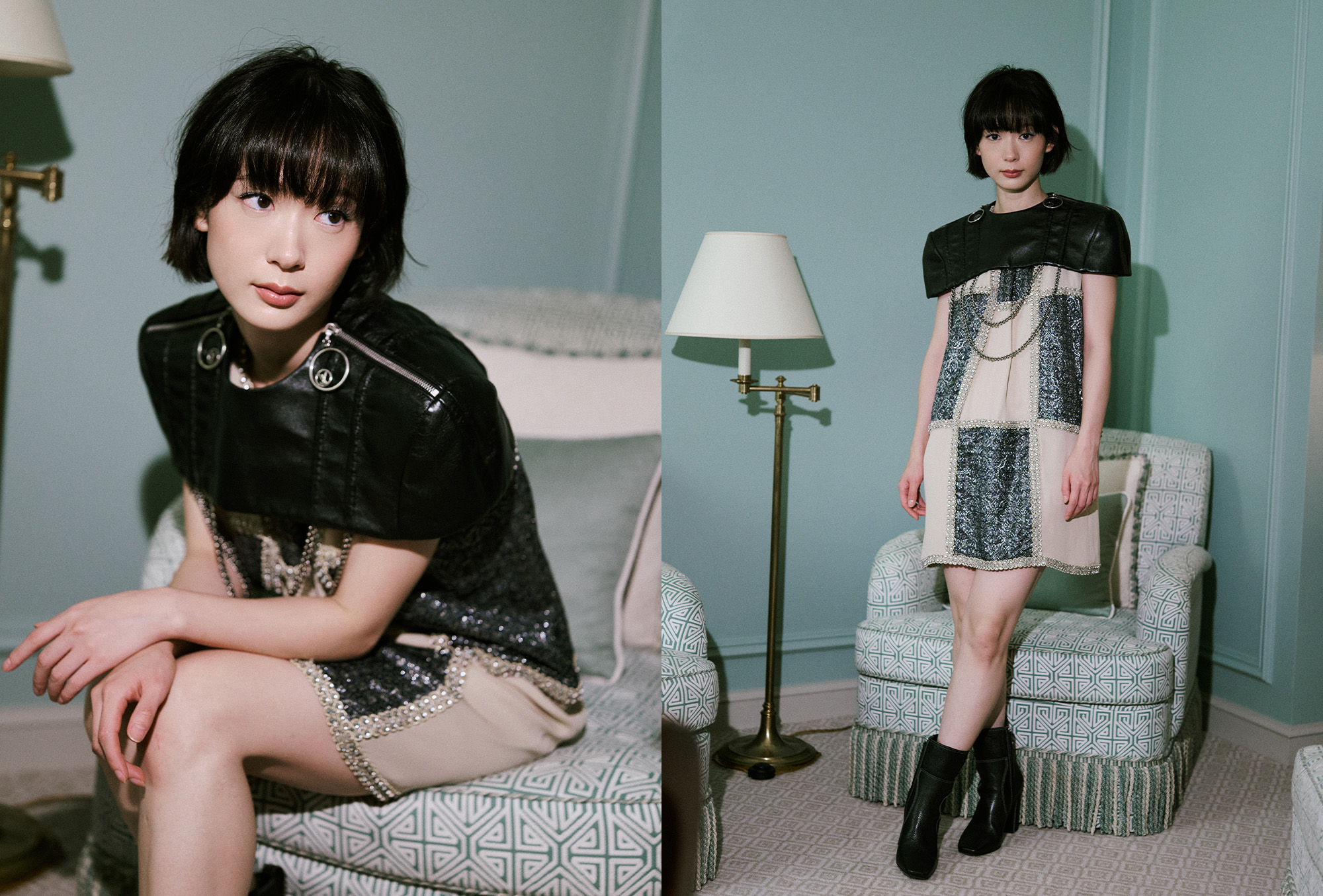 Moeka Hoshi Paris Fashion Week photo diary for the Louis Vuitton Spring 2026 show. Moeka poses for portraits in her Louis Vuitton dress and ankle booties. She is a in a Tiffany blue hotel room sitting on a printed chair with fringe detailing.
