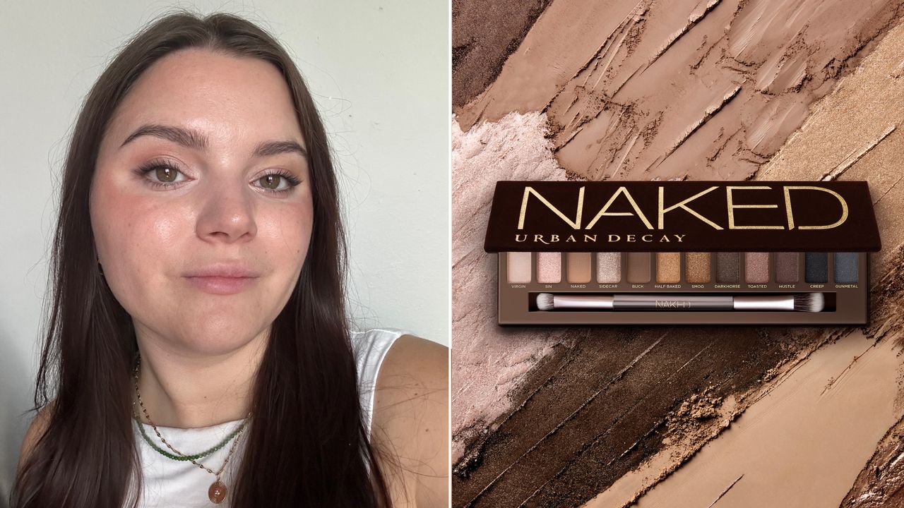 Split image of Brooke knappenberger wearing a soft brown shimmery eyeshadow look with the Urban decay naked palette overlaid on background of neutral paint swatches 