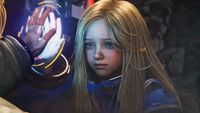 A solemn blonde girl in a blue uniform stands in a dark sci-fi setting as a gloved hand reaches toward a glowing circular interface.