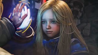 A solemn blonde girl in a blue uniform stands in a dark sci-fi setting as a gloved hand reaches toward a glowing circular interface.