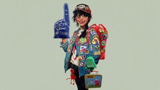 Key art for COMICON 2025 by Jamie Hewlett showing a comic fan wearing a jacket with lots of badges referencing famous comics