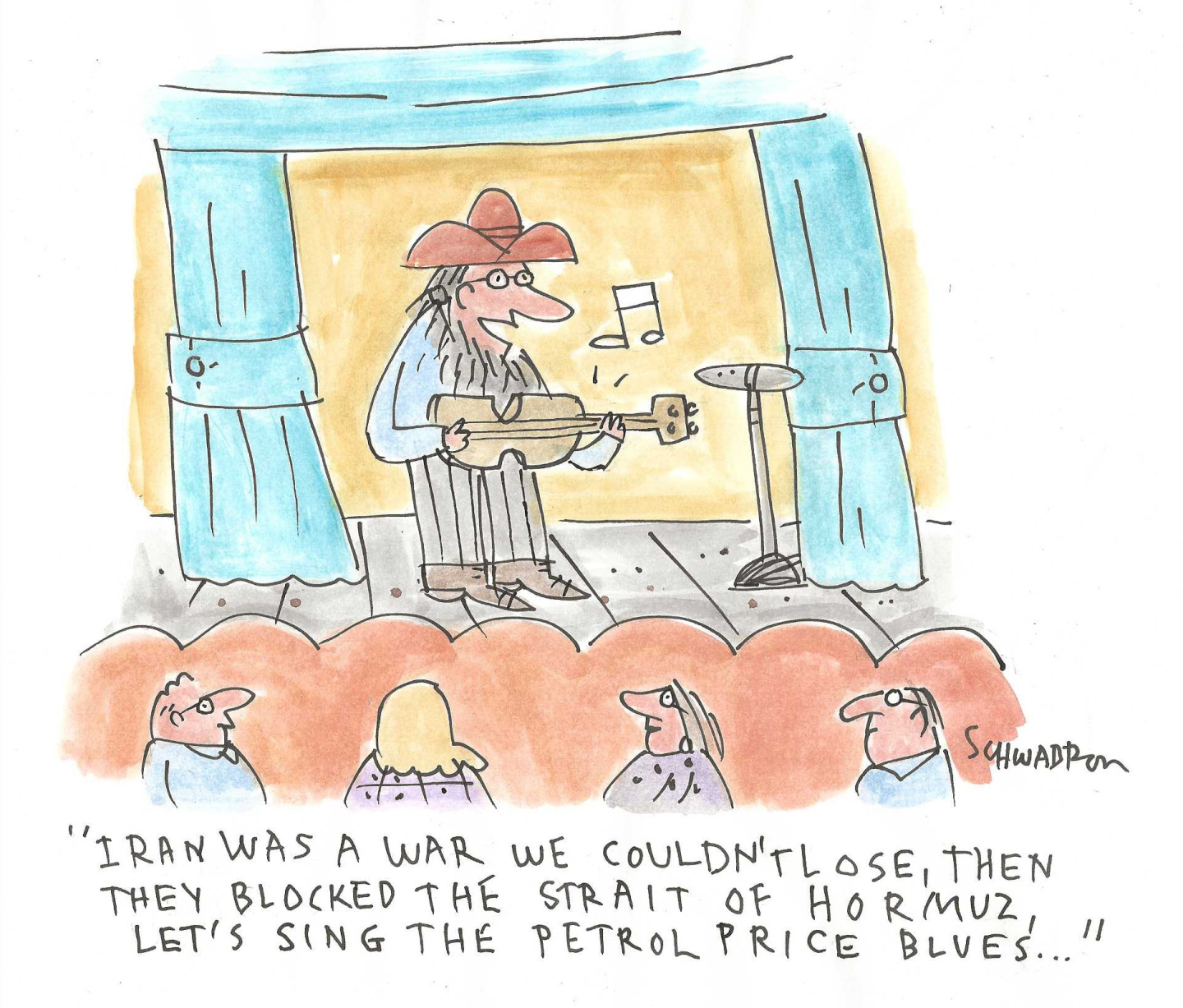 A man is on stage singing and playing the guitar for an audience He sings, &amp;ldquo;Iran was a war we couldn&amp;rsquo;t lose, then they blocked the Strait of Hormuz, let&amp;rsquo;s sing the petrol price blues&amp;hellip;&amp;rdquo;
