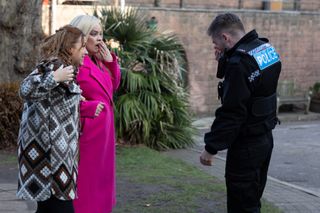 Zara Morgan and Grace Black with PC Sam Chen-Williams in Hollyoaks.