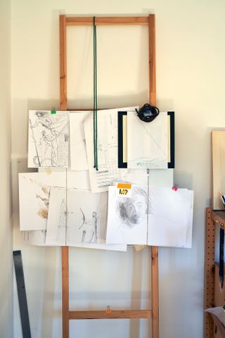 Easel in Tobia Scarpa's studio with sketches