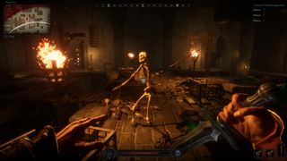 Project Crawl - In first-person, a player holds a dagger while a skeleton prepares to swing a sword at them in a dimly-lit dungeon