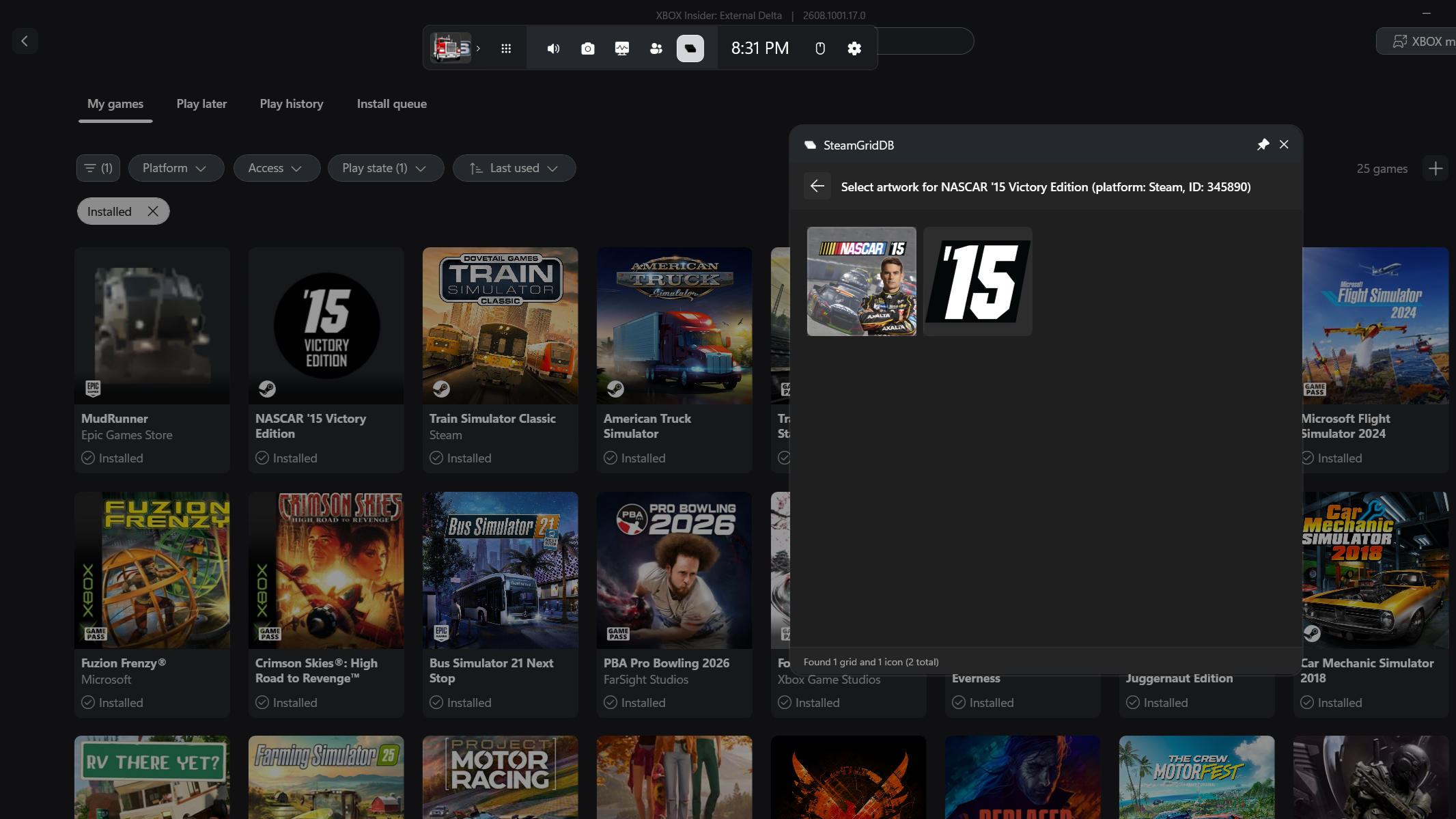 A screenshot of the SteamGridDB widget for Game Bar changing the artwork of NASCAR 15 in the Xbox App for Windows 11.