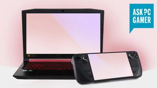 A laptop and steam deck side by side on pink, with the ask PCG logo in the top corner.