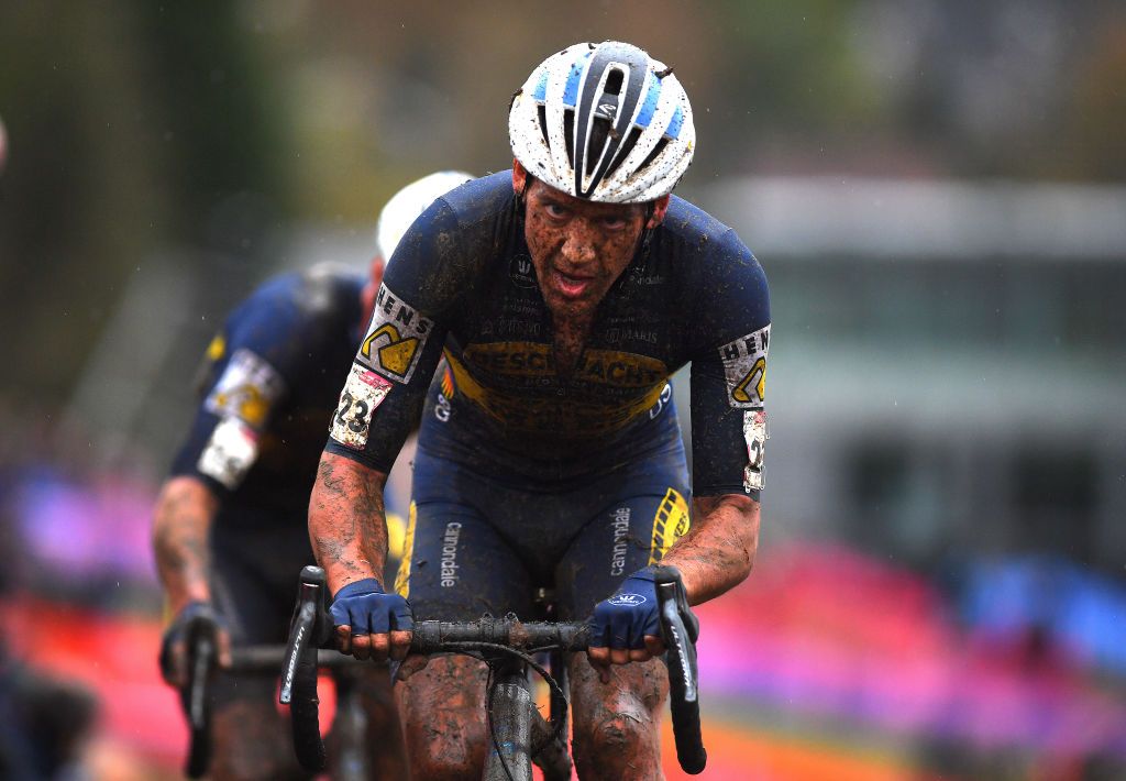 OVERIJSE BELGIUM OCTOBER 31 Tom Meeusen of Belgium and Cx Team DeschachtGroup HensContainers Maes competes during the 62nd Druivencross Overijse UCI CycloCross Worldcup 2021 Mens Elite DruivencrossOverijse CXWorldCup UCIcyclocrossWC on October 31 2021 in Overijse Belgium Photo by Luc ClaessenGetty Images