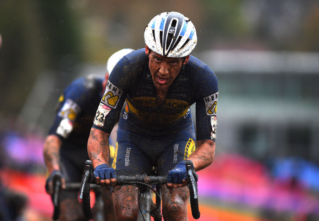OVERIJSE BELGIUM OCTOBER 31 Tom Meeusen of Belgium and Cx Team DeschachtGroup HensContainers Maes competes during the 62nd Druivencross Overijse UCI CycloCross Worldcup 2021 Mens Elite DruivencrossOverijse CXWorldCup UCIcyclocrossWC on October 31 2021 in Overijse Belgium Photo by Luc ClaessenGetty Images