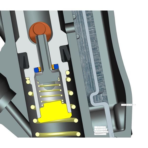 A thumb-operated dial rotates an internal cam (orange) on which the poppet valve (dark grey) rests. When depressing the master cylinder lever, oil is free to pass through the center of piston until the popper valve seals against the main piston, thus sealing the chamber and then forcing fluid through the hose.