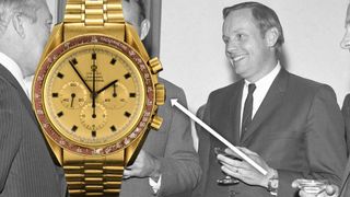 a black and white photo of a man wearing a watch with an arrow pointing to a color enlargement of the same gold watch