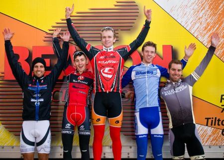 The men&rsquo;s podium: Weston Schempf (C3), Adam McGrath (Van Dessel), Valentin Scherz (Cyfac), Ryan Knapp (BikeReg.com) and Craig Richey (CyclocrossRacing.com).