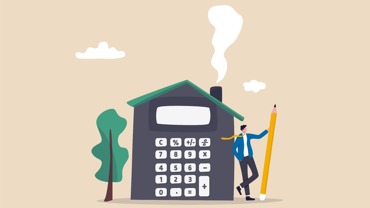 Illustration of a man holding a giant pencil standing next to a calculator shaped like a house