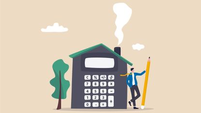 Illustration of a man holding a giant pencil standing next to a calculator shaped like a house