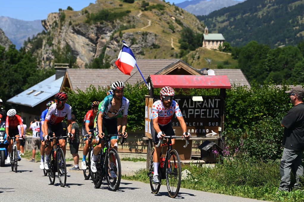 SERRE CHEVALIER FRANCE JULY 13 LR Ion Izagirre Insausti of Spain and Team Cofidis Maximilian Schachmann of Germany and Team Bora Hansgrohe and Simon Geschke of Germany and Team Cofidis Polka Dot Mountain Jersey compete in the breakaway during the 109th Tour de France 2022 Stage 11 a 1517km stage from Albertville to Col de Granon Serre Chevalier 2404m TDF2022 WorldTour on July 13 2022 in Col de GranonSerre Chevalier France Photo by Tim de WaeleGetty Images