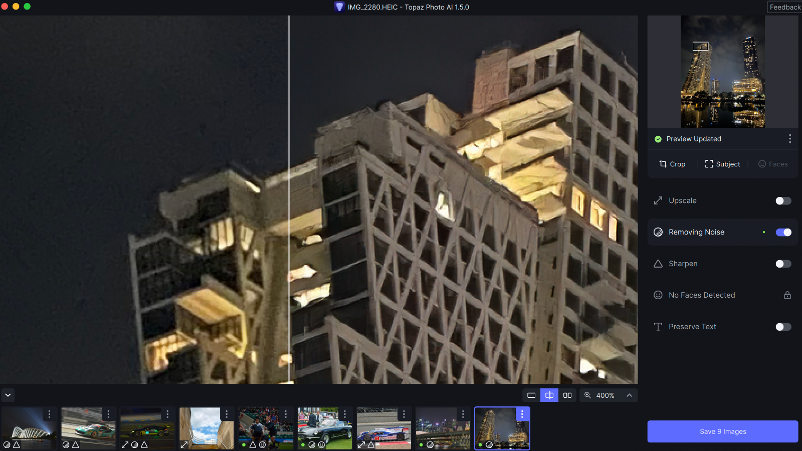 Topaz Photo AI removing noise from a building at night