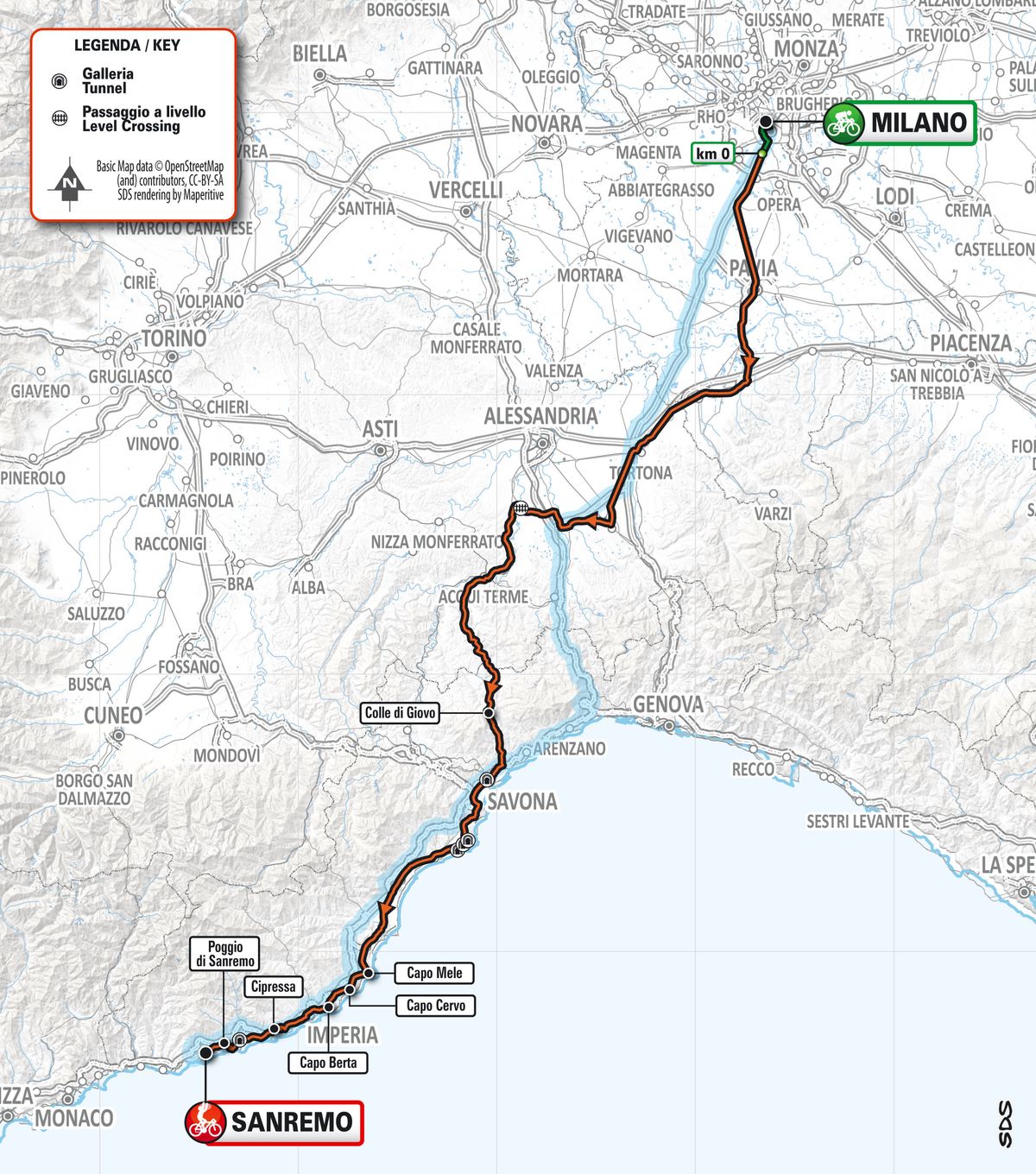 The map of the 2021 Milan-San Remo.