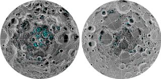 This image shows the distribution of surface ice at the moon’s south pole (left) and north pole (right), as detected by NASA’s Moon Mineralogy Mapper instrument, which flew aboard India’s Chandrayaan-1 spacecraft. 