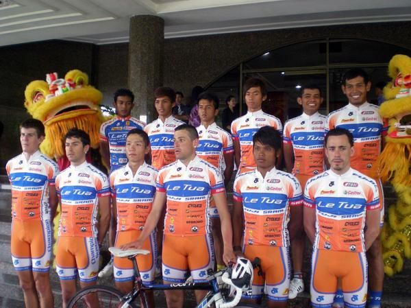 The LeTua team lining up for Le Tour de Langkawi with the riders in first rank from left: Mark O'Brien, Edgar Nieto, Ng Yong Li, Raul Castano, Hafiz Rozli and Alexis Rodriguez