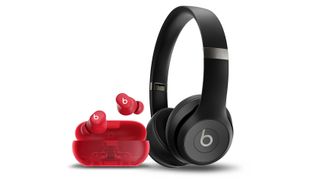 Beats Solo Buds in transparent red and Beats Solo 4 in black on white background