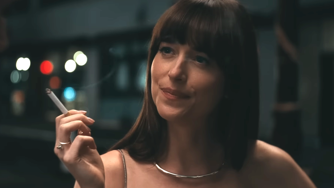 Dakota Johnson with a cigarette in her hand in Materialists