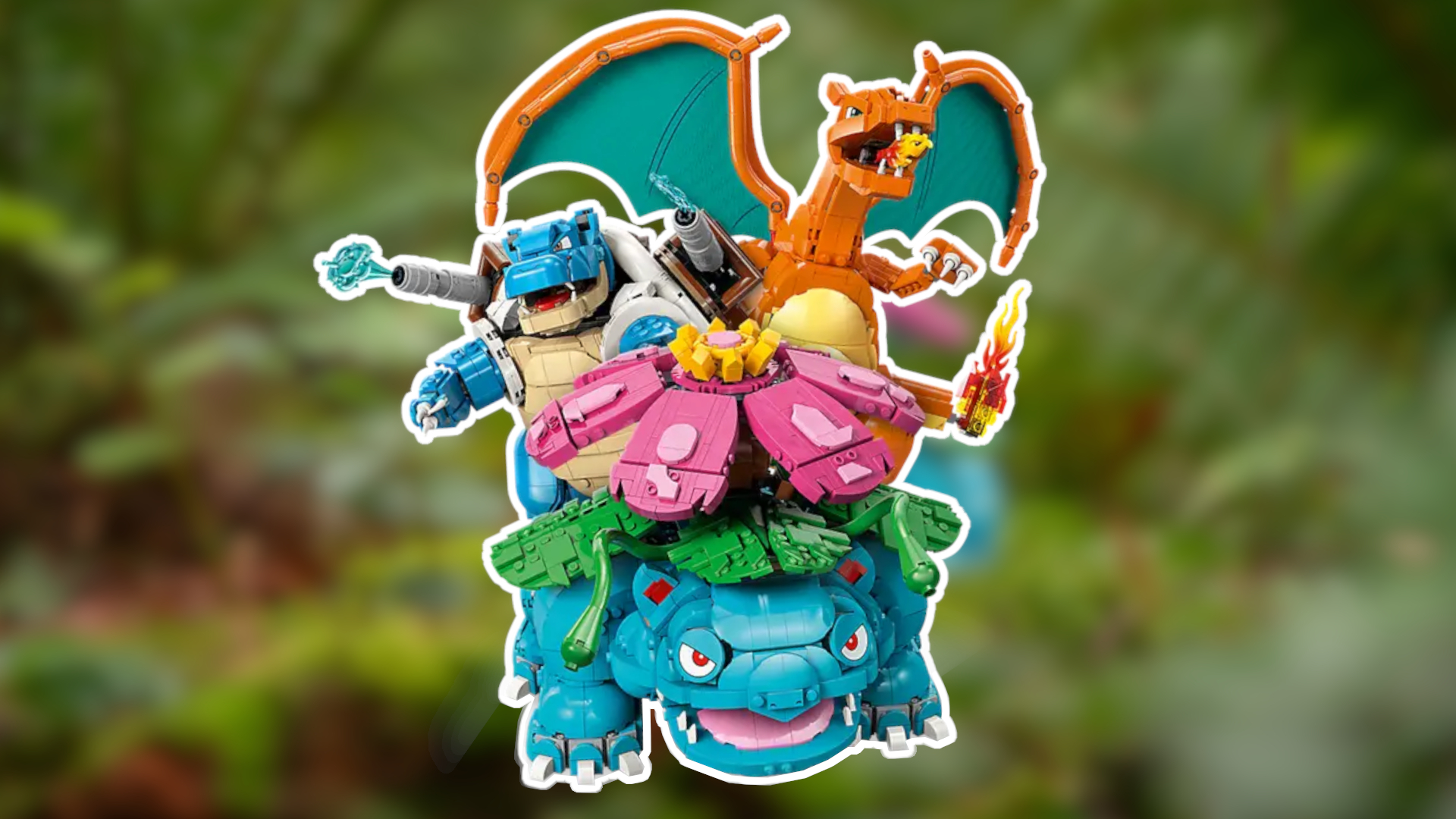 Lego Venusaur, Charizard, and Blastoise against a woodland background