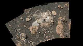 This mosaic, composed of multiple images, shows a rocky outcrop called “Wildcat Ridge,” where the rover extracted two rock cores and abraded a circular patch to investigate the rock’s composition.